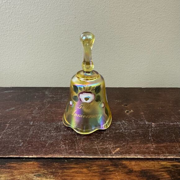 Fenton Amber Carnival Glass Hand painted Floral‎ 50th Anniversary Bell - Picture 1 of 8